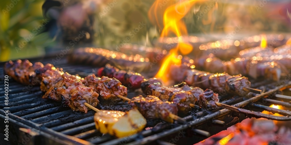 A grill with a variety of meats and vegetables, including a lemon A grill with a variety of meats and vegetables, including a lemon