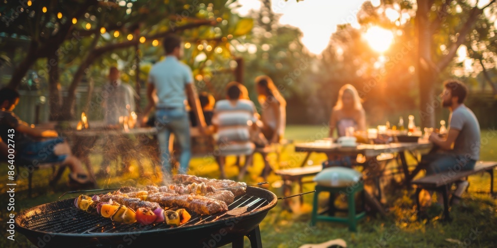 A group of people are gathered around a grill, cooking food A group of people are gathered around a grill, cooking food
