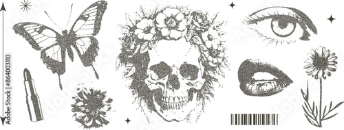 Set of elements with retro photocopy effect Y2K. Skull with a flower wreath, eye, lips, butterfly, lipstick, flowers .Pop art design. Vector illustration for T-shirt prints, collage designs, banner
