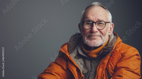 A close-up photograph of a senior man in an orange jacket and glasses, sitting comfortably in a studio setting