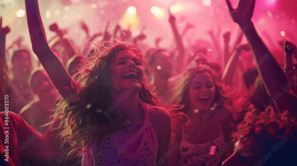 A lively crowd of concertgoers celebrate at a music festival, arms raised in the air, cheering and dancing with excitement A lively crowd of concertgoers celebrate at a music festival, arms raised in the air, cheering and dancing with excitement