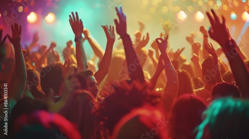 A lively crowd of concertgoers at a music event, with their hands raised in the air, cheering enthusiastically. Colorful stage lights create a vibrant atmosphere photo