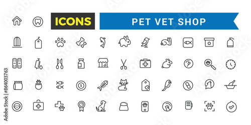 Pet, vet, pet shop icon set. Outline icons pack. Editable vector icon and illustration.