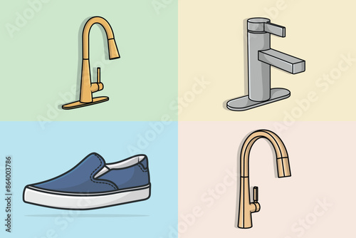 Set of Colorful Steel Water Supply Faucets For Bathroom And Kitchen Sink with Shoe Vector Illustration.