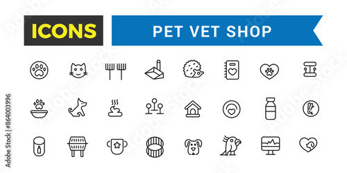 Pet, vet, pet shop icon set. Outline icons pack. Editable vector icon and illustration.