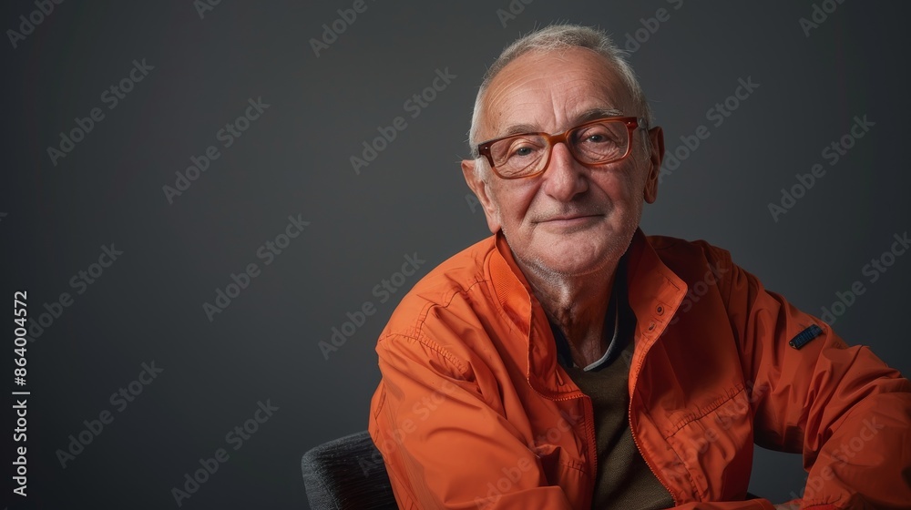 A portrait of a senior man wearing an orange jacket and glasses, seated comfortably in a studio setting A portrait of a senior man wearing an orange jacket and glasses, seated comfortably in a studio setting