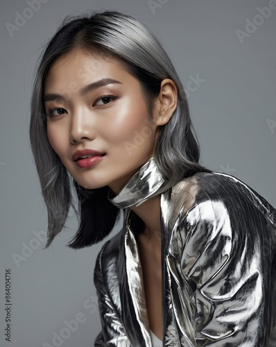 silver theme fashion asian pretty woman model influncer with clear smooth skin smiling on camera photo