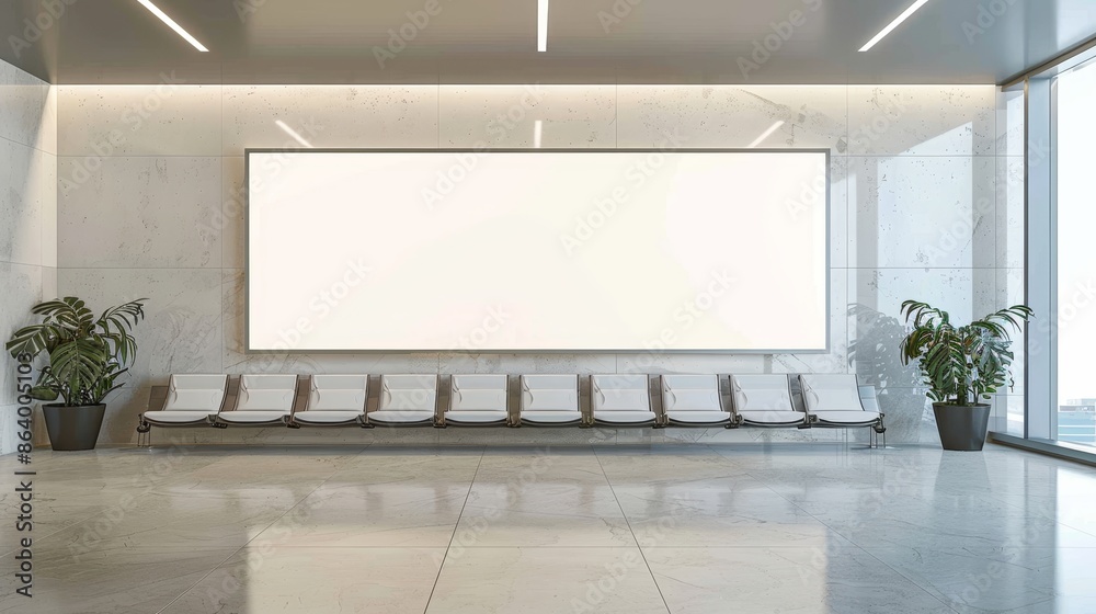 Minimalist waiting area with blank billboard, soft, diffuse lighting, modern design, mock up Minimalist waiting area with blank billboard, soft, diffuse lighting, modern design, mock up