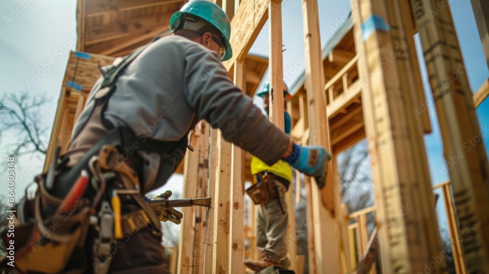 A construction worker carefully installs a door frame at a residential building site, while another worker assists A construction worker carefully installs a door frame at a residential building site, while another worker assists
