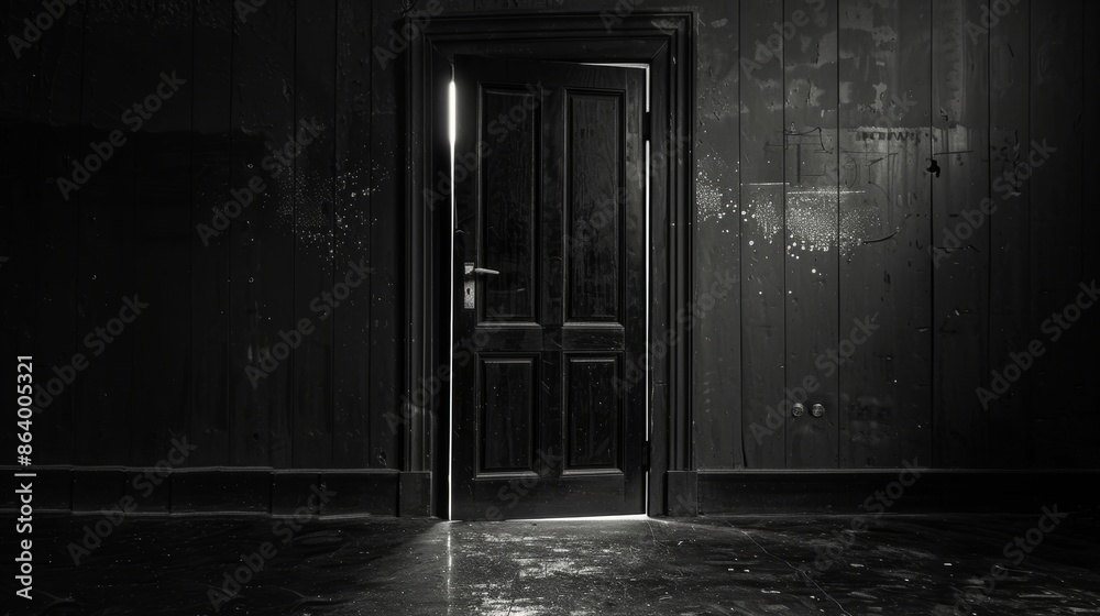 Open door on black ground, captured in black and white, with a focus on high contrast and a mysterious ambiance Open door on black ground, captured in black and white, with a focus on high contrast and a mysterious ambiance