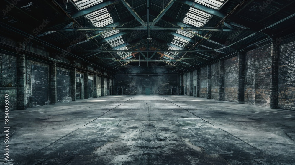 A moody stock photograph of an abandoned industrial warehouse interior with weathered brick walls, a worn concrete floor, and a dark, shadowy atmosphere A moody stock photograph of an abandoned industrial warehouse interior with weathered brick walls, a worn concrete floor, and a dark, shadowy atmosphere
