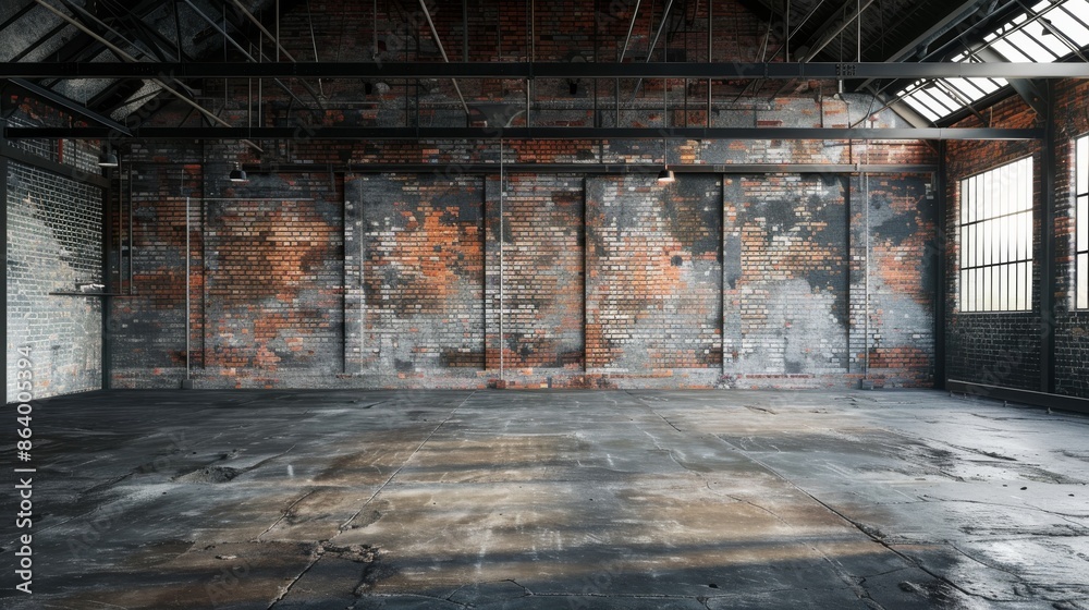 Moody stock photo of an abandoned industrial warehouse interior featuring weathered brick walls, a worn concrete floor, and natural light streaming through the windows Moody stock photo of an abandoned industrial warehouse interior featuring weathered brick walls, a worn concrete floor, and natural light streaming through the windows