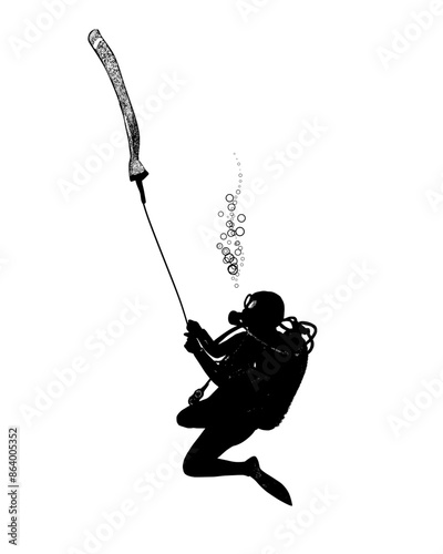 Silhouette of a male scuba diver with signal float