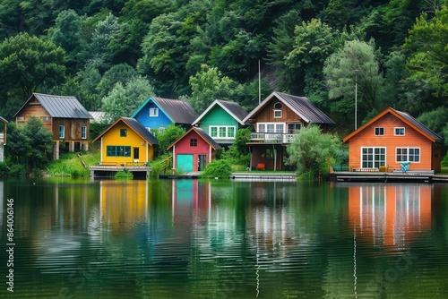 charming lakeside scene with colorful wooden cabins calm waters reflect vibrant hues lush greenery surrounds quaint dwellings serene atmosphere evokes peaceful retreat and rustic charm © furyon