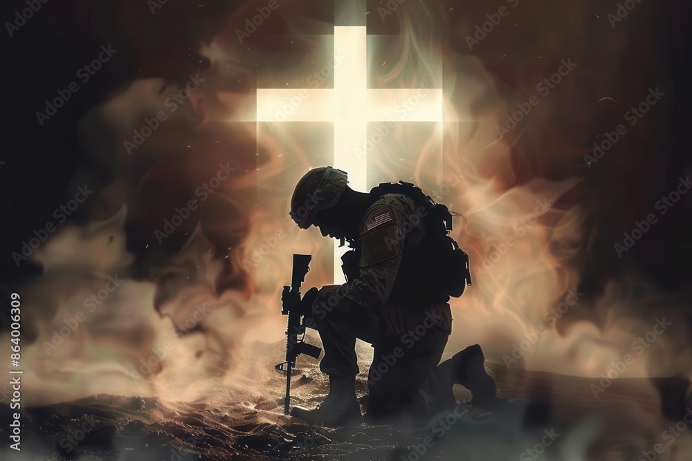 christian soldier in modern combat gear kneeling in prayer silhouetted ...