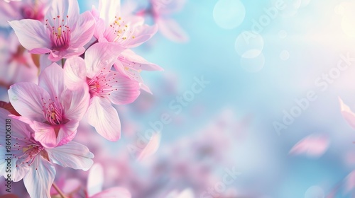 A close-up image of pink cherry blossoms in bloom, showcasing the delicate petals and vibrant color. The background is softly blurred, creating a dreamy and romantic feel