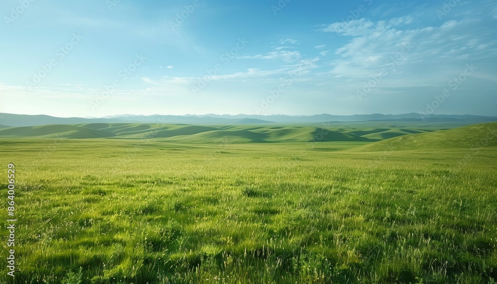 Vast Golden Grassland Stretching Towards Rolling Green Hills Under Blue Sky, Kazakhstan, Copy Space Vast Golden Grassland Stretching Towards Rolling Green Hills Under Blue Sky, Kazakhstan, Copy Space