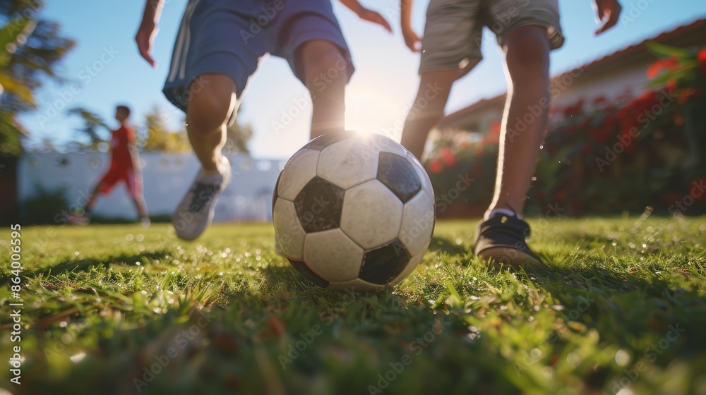 Legs of several adolescent guy mates enjoying a backyard game of soccer Legs of several adolescent guy mates enjoying a backyard game of soccer