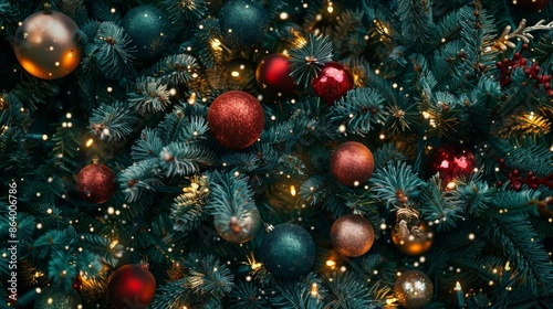 A close-up wide-angle shot of a Christmas tree decorated with colorful ornaments, twinkling lights, and a dusting of snow