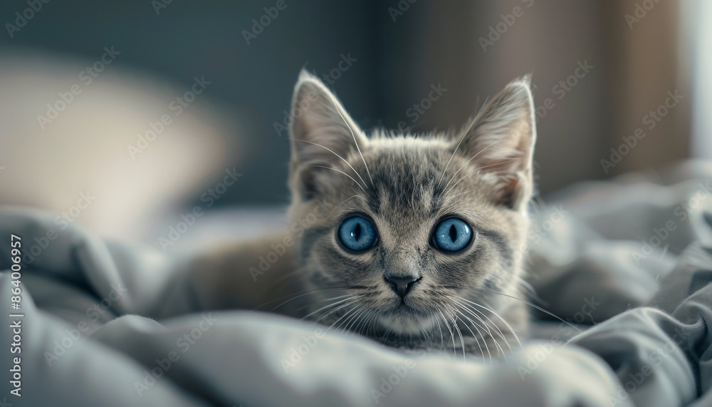 Adorable Gray Kitten with Blue Eyes on Soft Bed, Close-Up with Soft Background