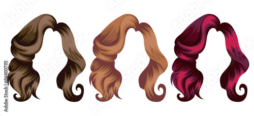 set of patterns of female curly hair and different colors, namely brown, light blond and red colors, for characters, various designs