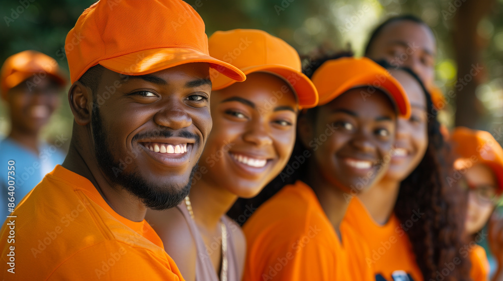 Happy group of smiling black people wearing orange t-shirts and baseball caps, looking at the camera with big smiles on their faces during a team event outdoors in the city. Happy group of smiling black people wearing orange t-shirts and baseball caps, looking at the camera with big smiles on their faces during a team event outdoors in the city.