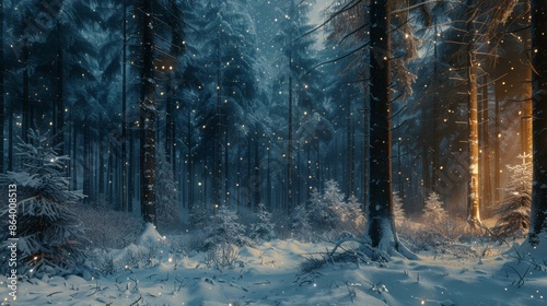 A low-angle shot of a snowy forest illuminated by a starry night sky, capturing the ethereal beauty of a winter wonderland