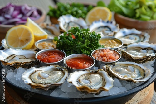 A platter of fresh oysters on the half shell, served with a variety of mignonette sauces and lemon wedges photo