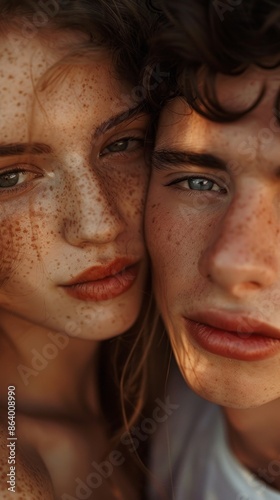 The close-up image of a freckled girl and a guy emphasizes their facial features and expressions, creating an intimate portrayal of their relationship and personalities © pundapanda