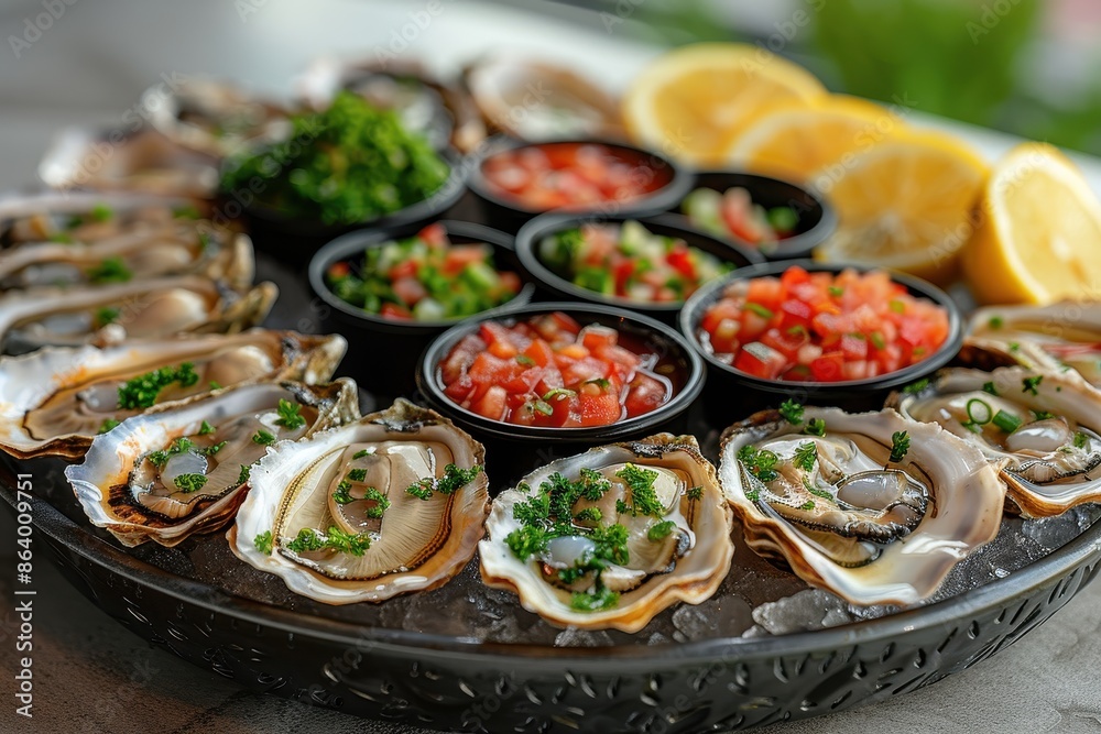 A platter of fresh oysters on the half shell, served with a variety of mignonette sauces and lemon wedges A platter of fresh oysters on the half shell, served with a variety of mignonette sauces and lemon wedges