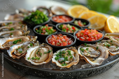 A platter of fresh oysters on the half shell, served with a variety of mignonette sauces and lemon wedges