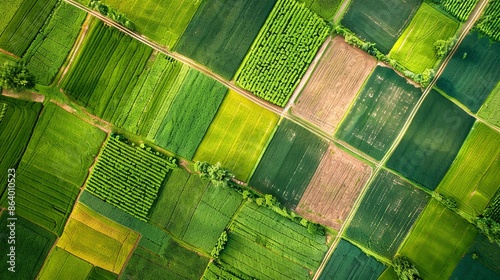 cultivated agriculture fields from above birds eye in summer. drone aerial view