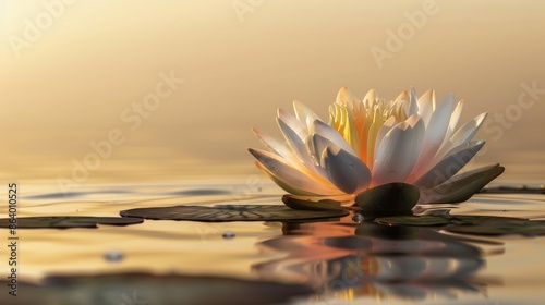 Radiant lotus flower floating on calm water, its glowing petals reflecting perfectly, creating a tranquil scene photo