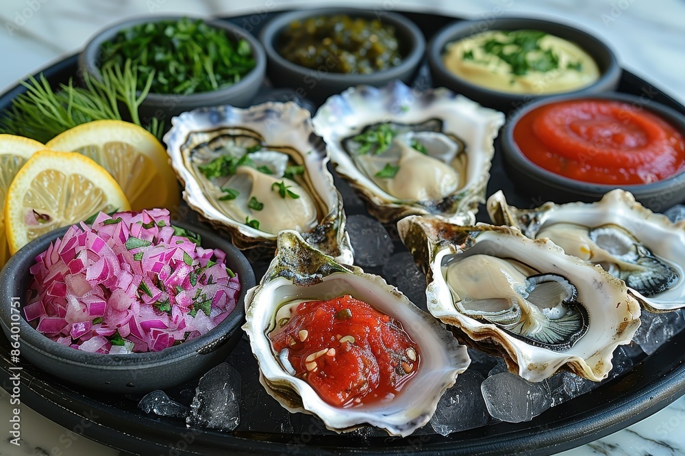A platter of fresh oysters on the half shell, served with a variety of mignonette sauces and lemon wedges A platter of fresh oysters on the half shell, served with a variety of mignonette sauces and lemon wedges