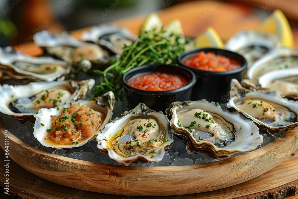 A platter of fresh oysters on the half shell, served with a variety of mignonette sauces and lemon wedges