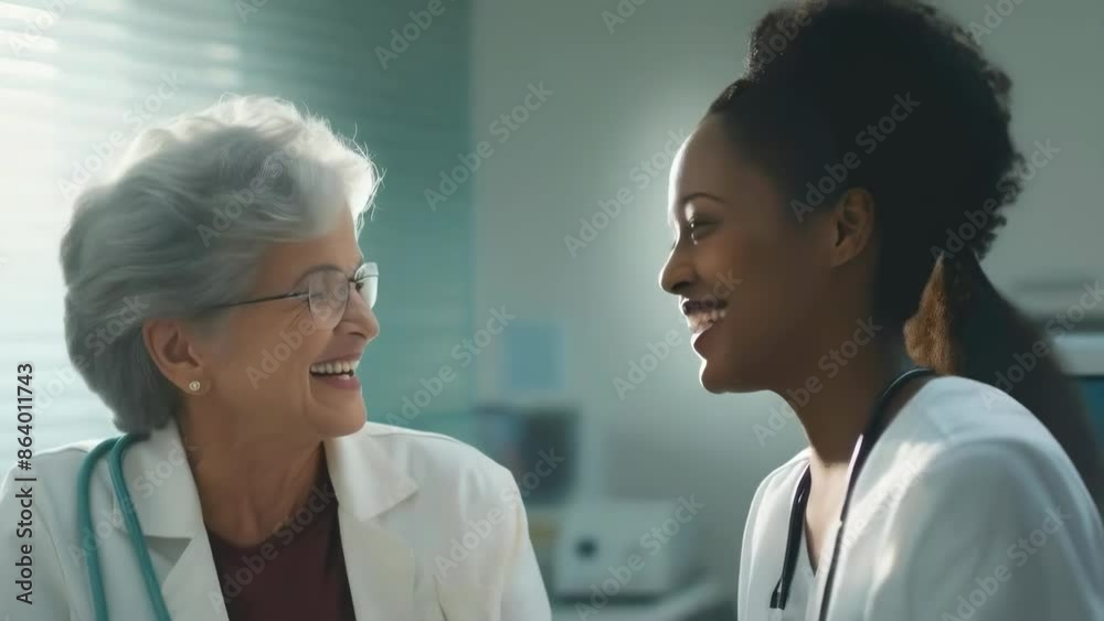 An elderly Caucasian female doctor and a young African American nurse laugh together in a brightly lit clinic. Both wear medical scrubs and exude a warm, collegial mood, indicating a positive and An elderly Caucasian female doctor and a young African American nurse laugh together in a brightly lit clinic. Both wear medical scrubs and exude a warm, collegial mood, indicating a positive and