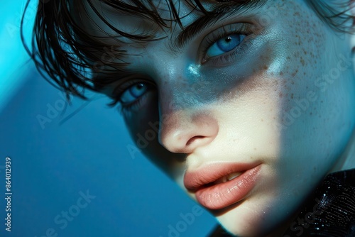 highfashion editorial portrait of an androgynous model with striking features and iceblue eyes dramatic sidelighting creates bold shadows and highlights photo