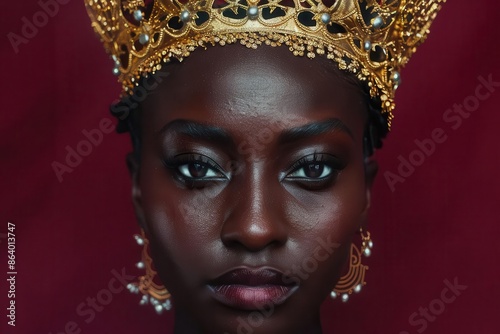hyperrealistic portrait of a regal african queen wearing an intricate golden crown intense gaze and proud expression set against a deep burgundy background