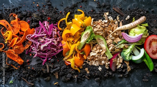 Top view of a compost recycling station with assorted organic waste, colorful fruit peels, vegetable scraps, and rich, dark compost photo