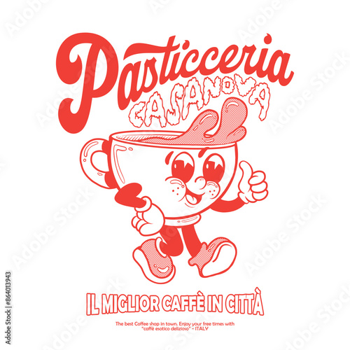Funny caffe slogan design with retro cartoon illustration