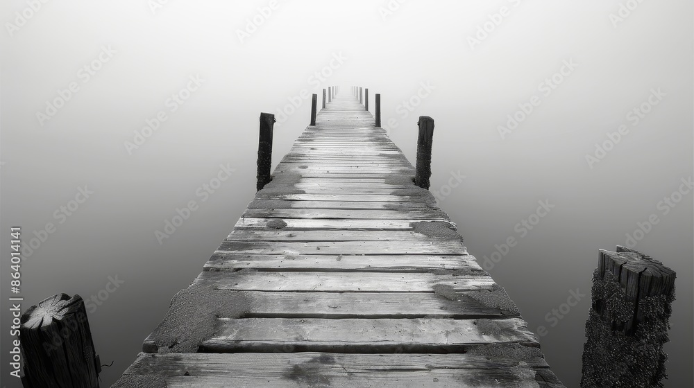 Obraz premium Tranquil black and white photograph of an ancient pier, highlighting the peaceful ambiance and the rustic textures of the scene