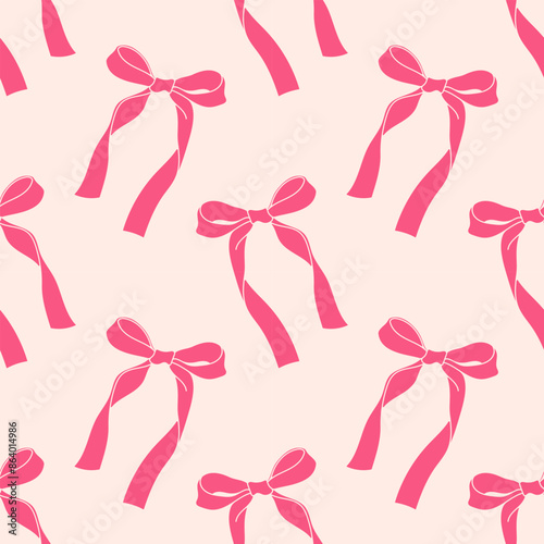 Seamless pattern with ribbon bows. Ballet, coquette core print. Hand drawn pink girly background for fabric, wrapping paper, textile