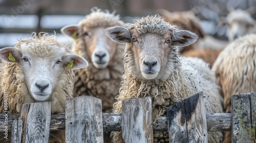 Sheep behind wooden fense in a farm photo