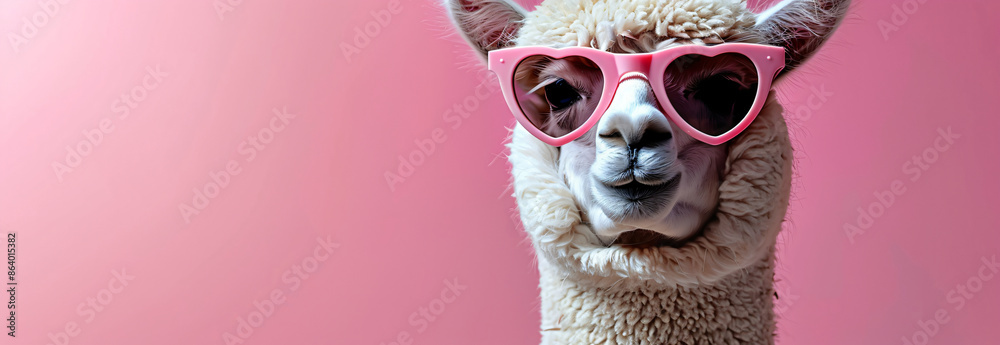 Portrait photo of funny white alpaca wearing pink heart shaped sunglasses , studio shooting high quality photo pet background, wallpaper, wall art Portrait photo of funny white alpaca wearing pink heart shaped sunglasses , studio shooting high quality photo pet background, wallpaper, wall art