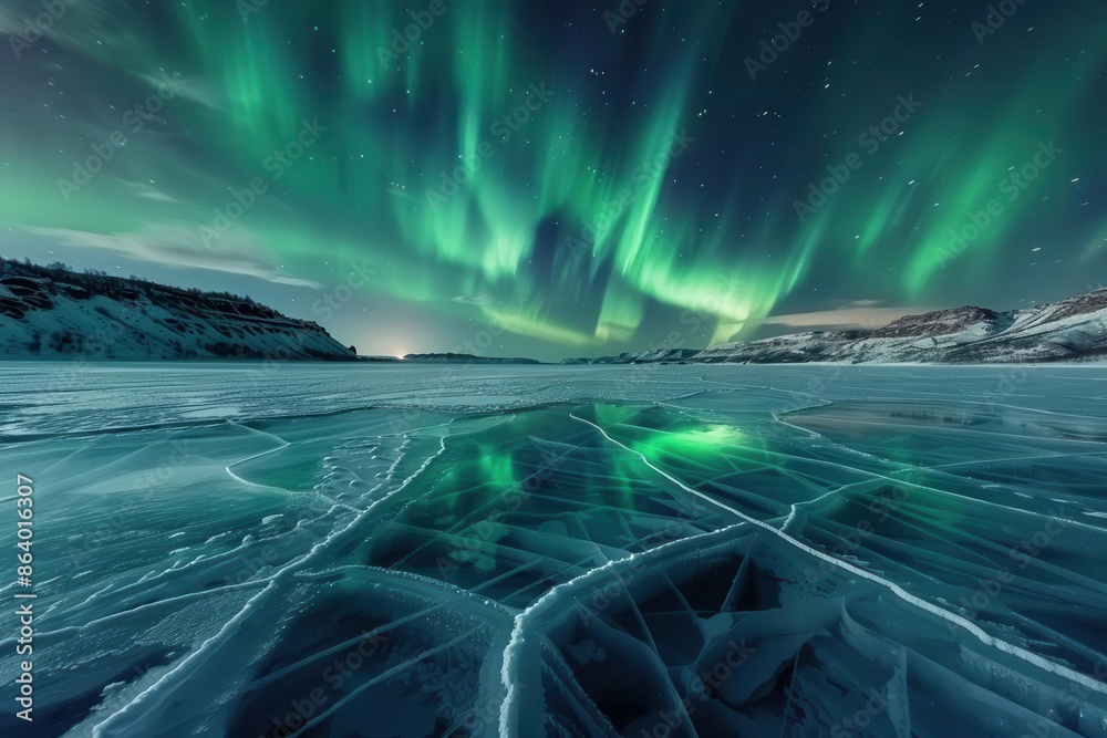 mesmerizing frozen crystal lake at twilight with intricate ice patterns reflecting aurora borealis in the sky above mesmerizing frozen crystal lake at twilight with intricate ice patterns reflecting aurora borealis in the sky above