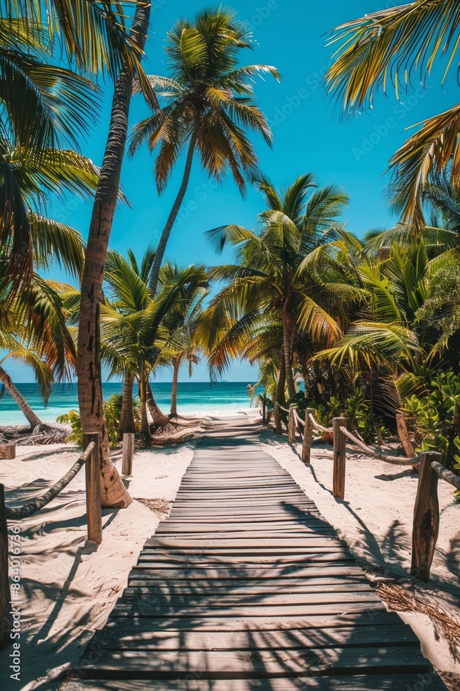 Obraz premium Walkway over blue sea water with tropical palm tree