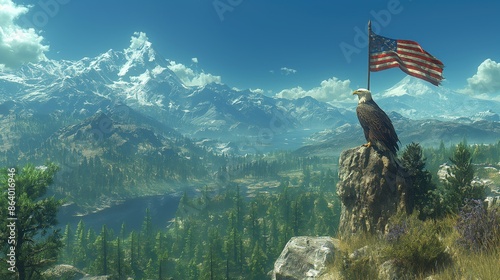 Wallpaper Mural Bald Eagle and American Flag Overlooking Mountain Range Torontodigital.ca