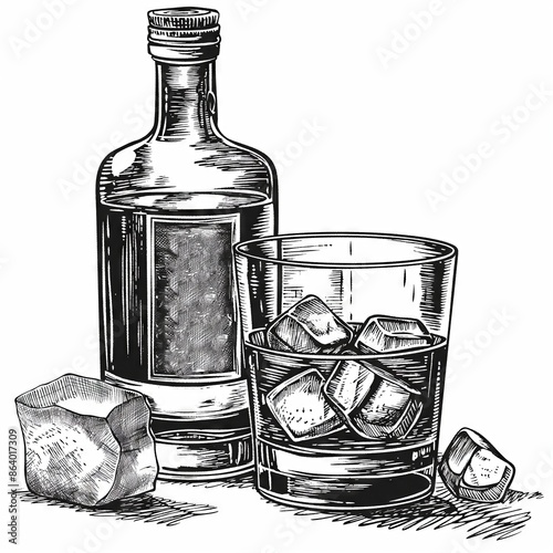Retro hand-drawn illustration of Whiskey Bottle and Glass, Vintage engraved icon design, Isolated on white background