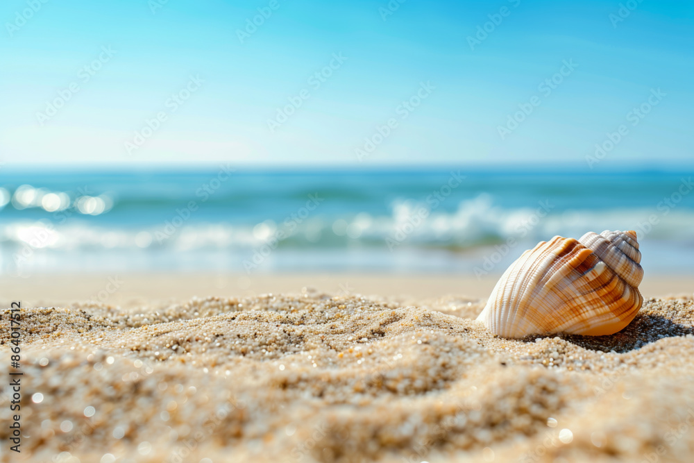 Sea shells on the sand beach in clear sea water. Summer background. Relaxing on the beach Sea shells on the sand beach in clear sea water. Summer background. Relaxing on the beach
