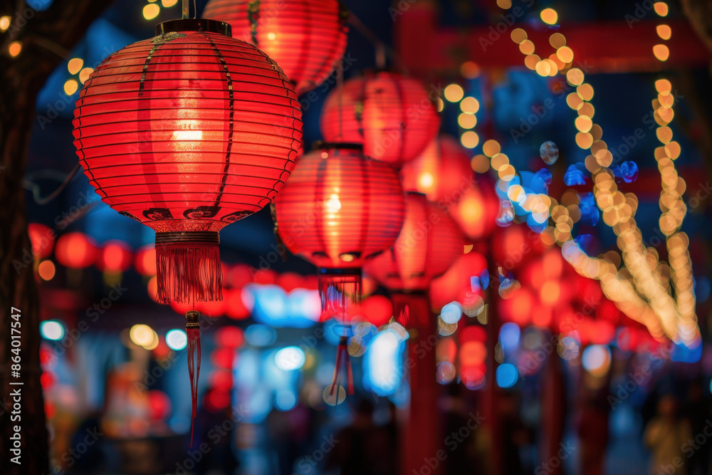 Red chinese paper lanterns illuminating a street in chinatown at night during the mid-autumn festival celebration Red chinese paper lanterns illuminating a street in chinatown at night during the mid-autumn festival celebration